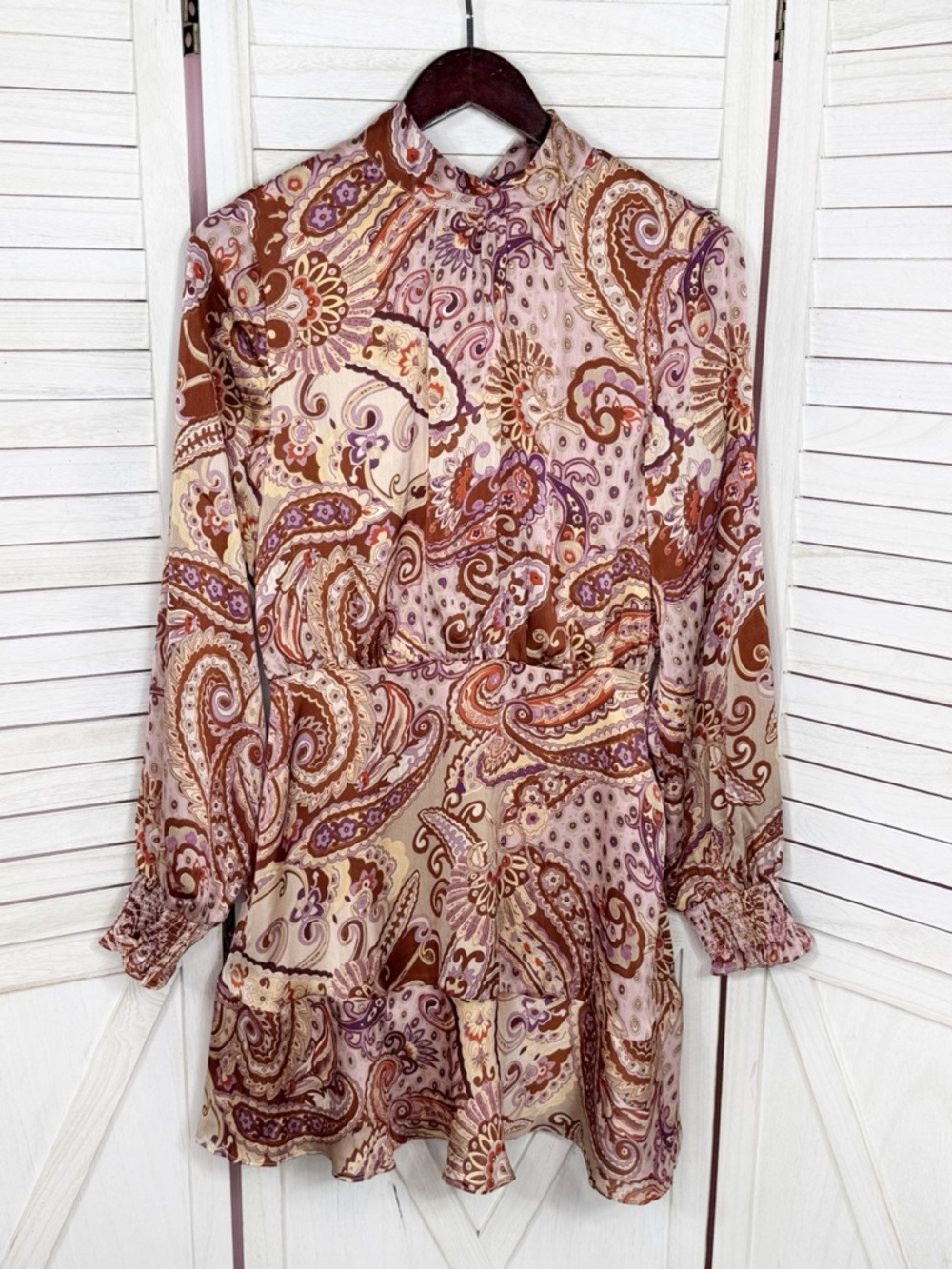 Fate Paisley Boho Print Satin High Neck Mini Dress Medium Long Sleeve Festival - Picture 8 of 13